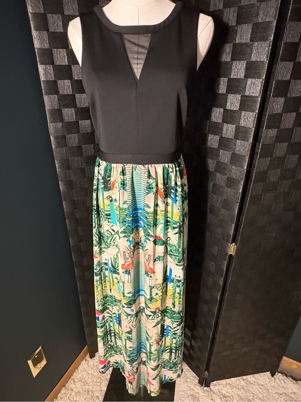 Nicole Tropical Flamingo Print Black Bodice Sheer Panel Sleeveless Maxi Dress